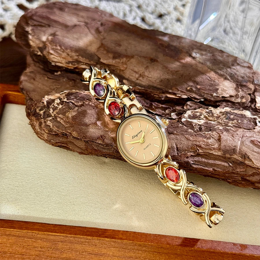 Retro round rainbow quartz watch for women. French-inspired luxury style