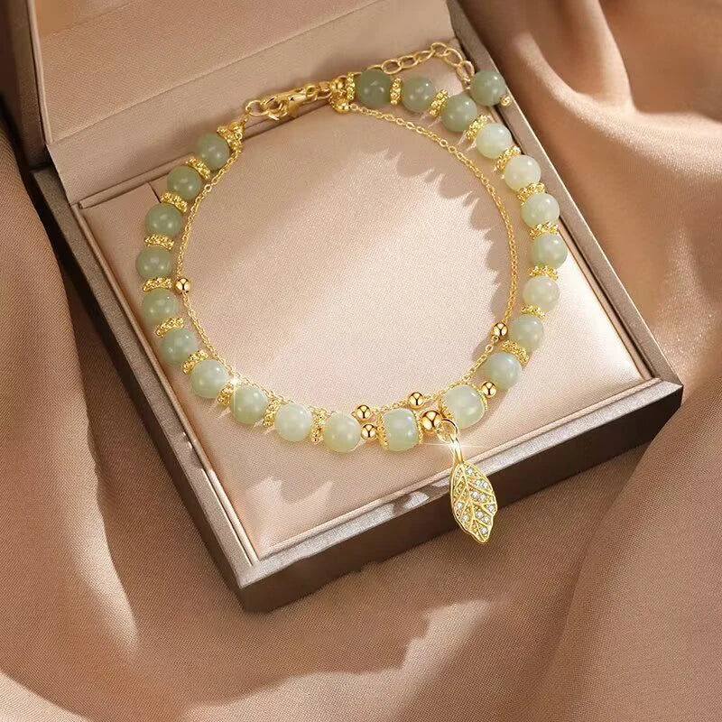 Jade & Gold Double-Chain Bracelet  Elegant Gift for Girls.