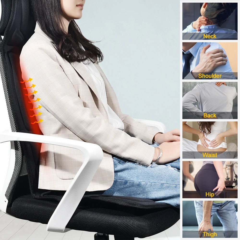 Portable vibration massage cushion for back and neck relaxation. Ideal for home, office, or car