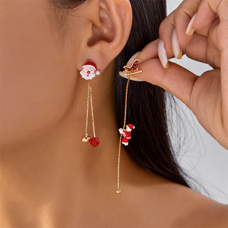 Moving Santa Tassel Dangle Earrings Asymmetric Christmas Design.