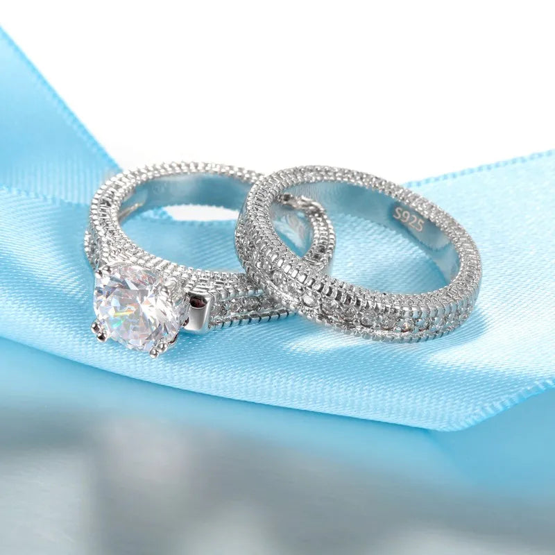 Elegant Wedding Engagement Couple Rings Set 925 Sterling Silver
