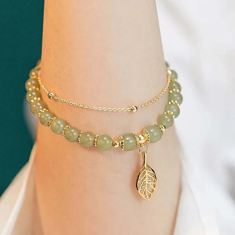 Jade & Gold Double-Chain Bracelet  Elegant Gift for Girls.