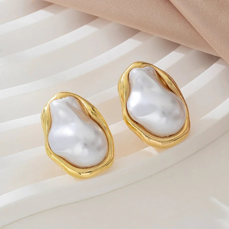 Irregular Baroque Pearl Stud Earrings Vintage Gold Edged Design.