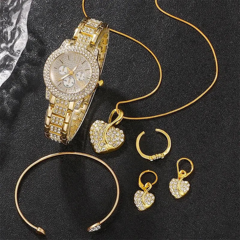 Women’s Golden Watch Set Ring, Necklace & Earrings