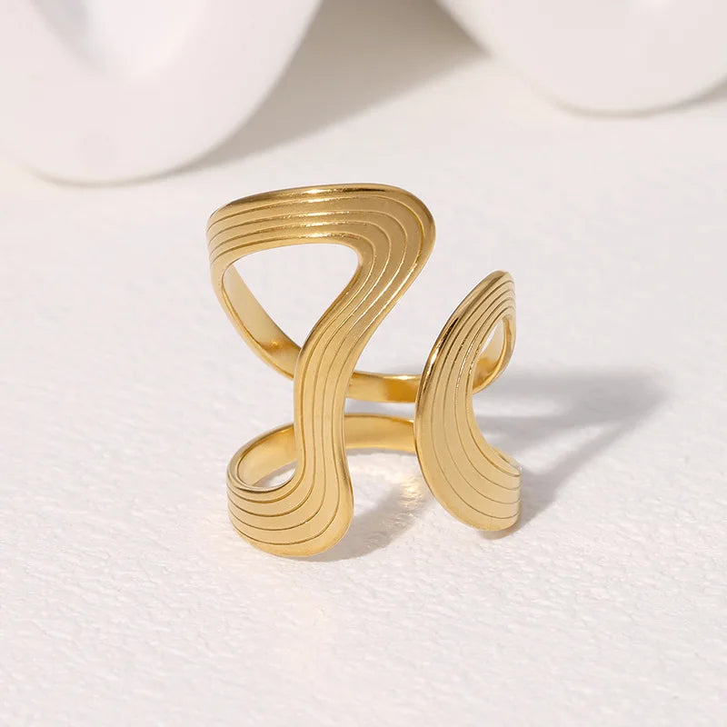 Stainless Steel Irregular Wave Ring Gold Color, Adjustable, Unisex