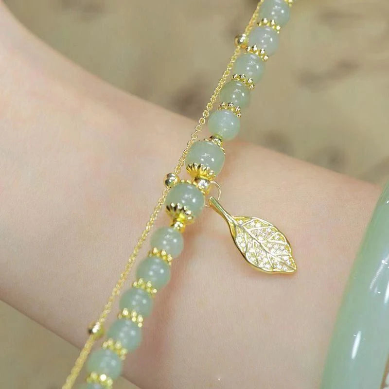 Jade & Gold Double-Chain Bracelet  Elegant Gift for Girls.