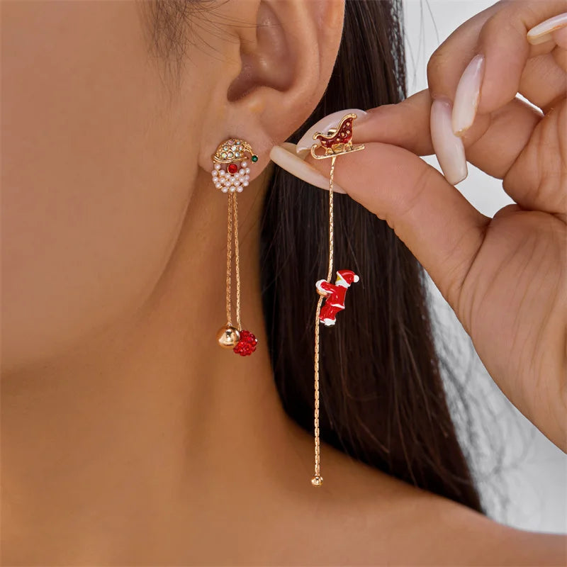 Moving Santa Tassel Dangle Earrings Asymmetric Christmas Design.