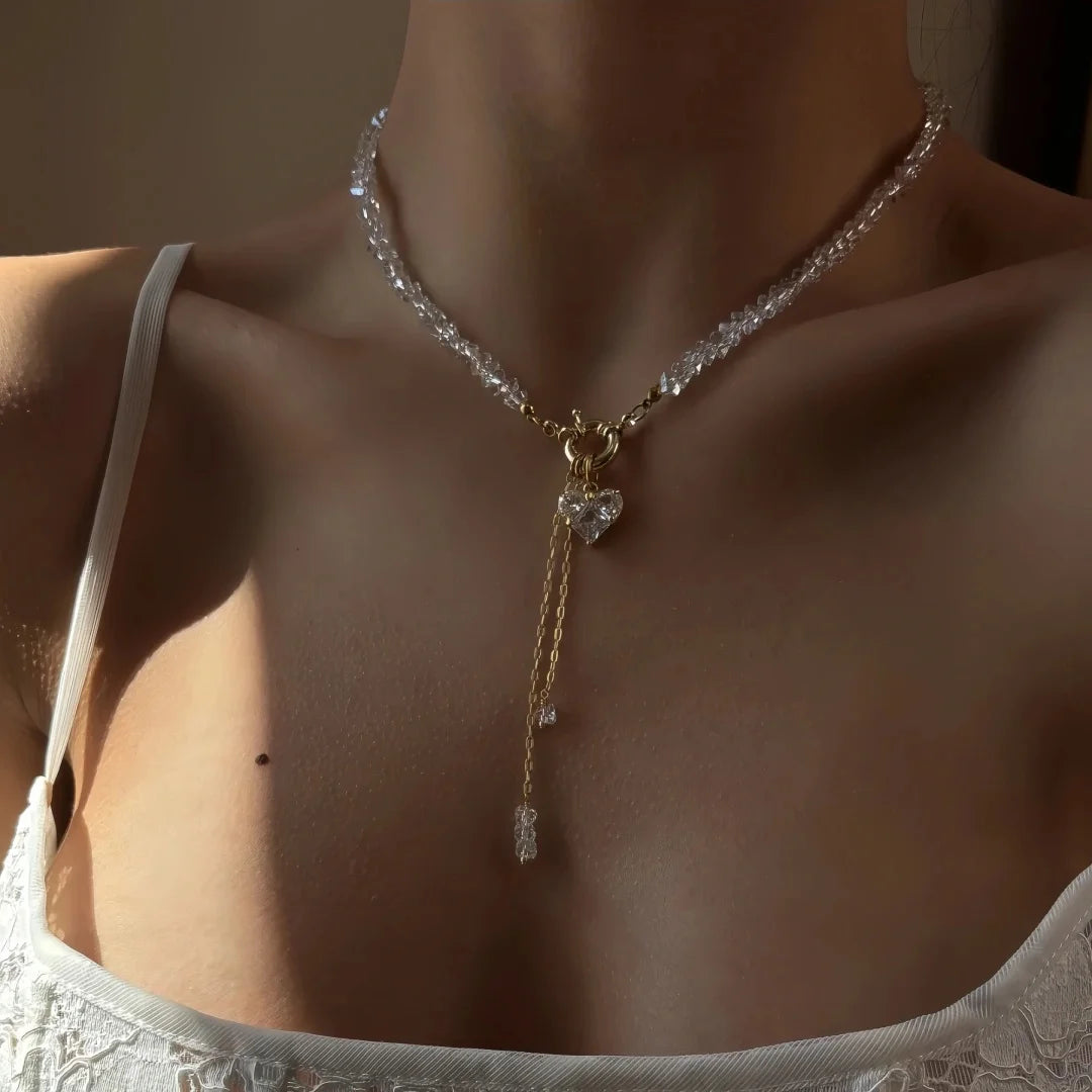 Vintage Black Geometric Heart Pendant Necklace with Crystal Chain.