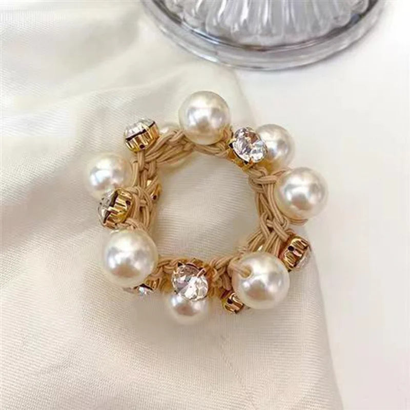 3PCS Pearl & Rhinestone Scrunchies Retro Hair Ties for Women.