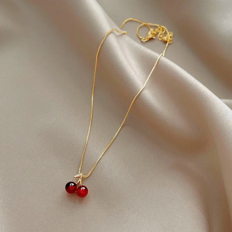 Red Cherry Necklace Cute Gold Chain for Women