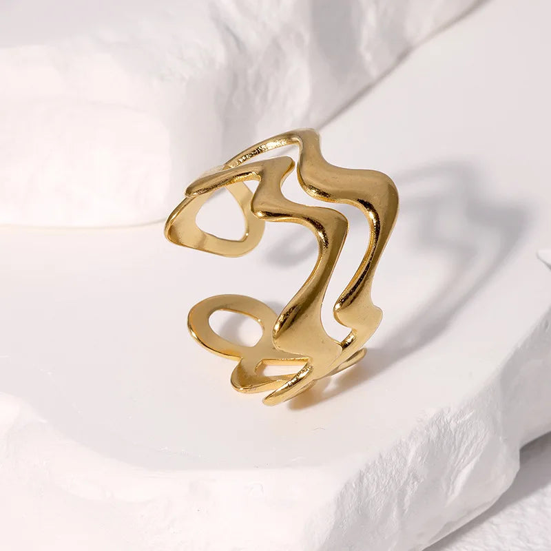 Stainless Steel Irregular Wave Ring Gold Color, Adjustable, Unisex