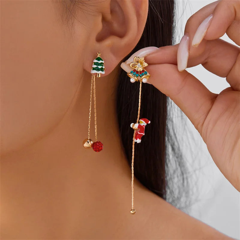 Moving Santa Tassel Dangle Earrings Asymmetric Christmas Design.