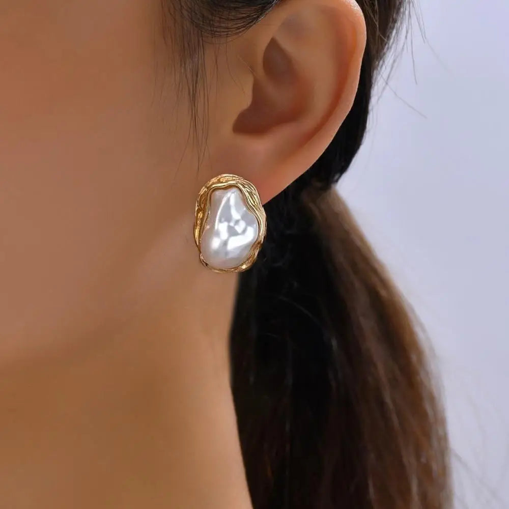 Irregular Baroque Pearl Stud Earrings Vintage Gold Edged Design.