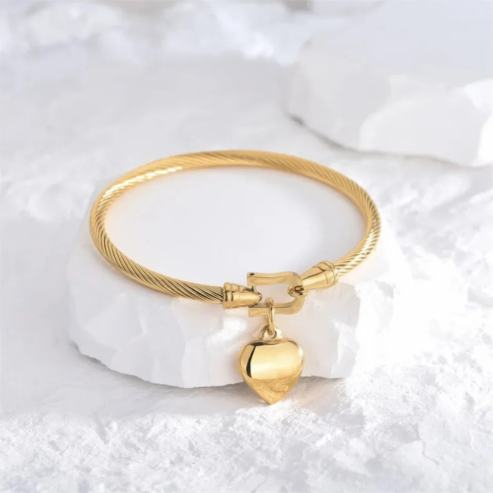18K Gold Stainless Steel Heart Bangle Unisex Design.