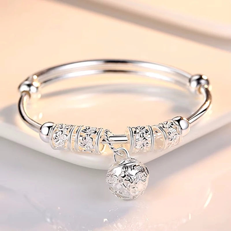 925 Sterling Silver Hollow Bells Ball Bangles Adjustable Bracelets for Women
