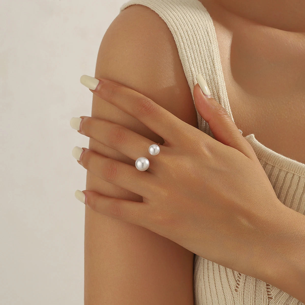 Elegant Double Faux Pearl Adjustable Ring.