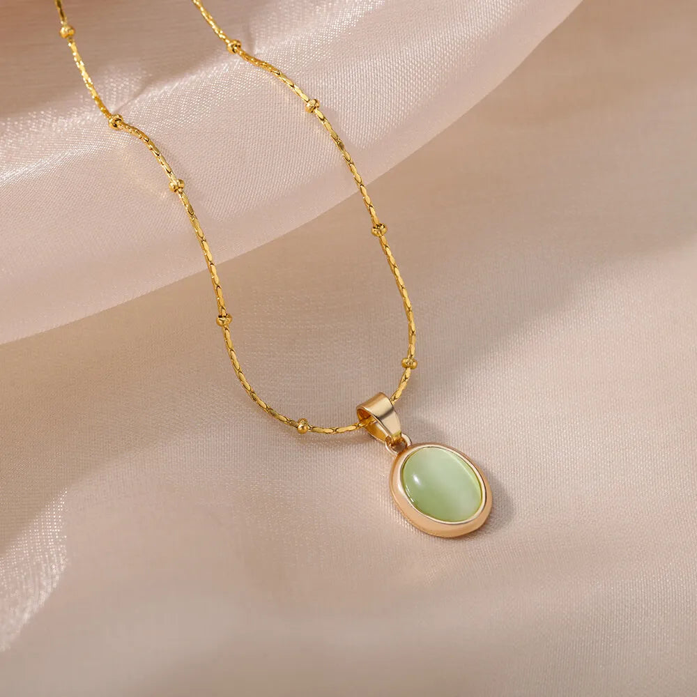 Opal Oval Necklace for Women Gold-Tone Stainless Steel.