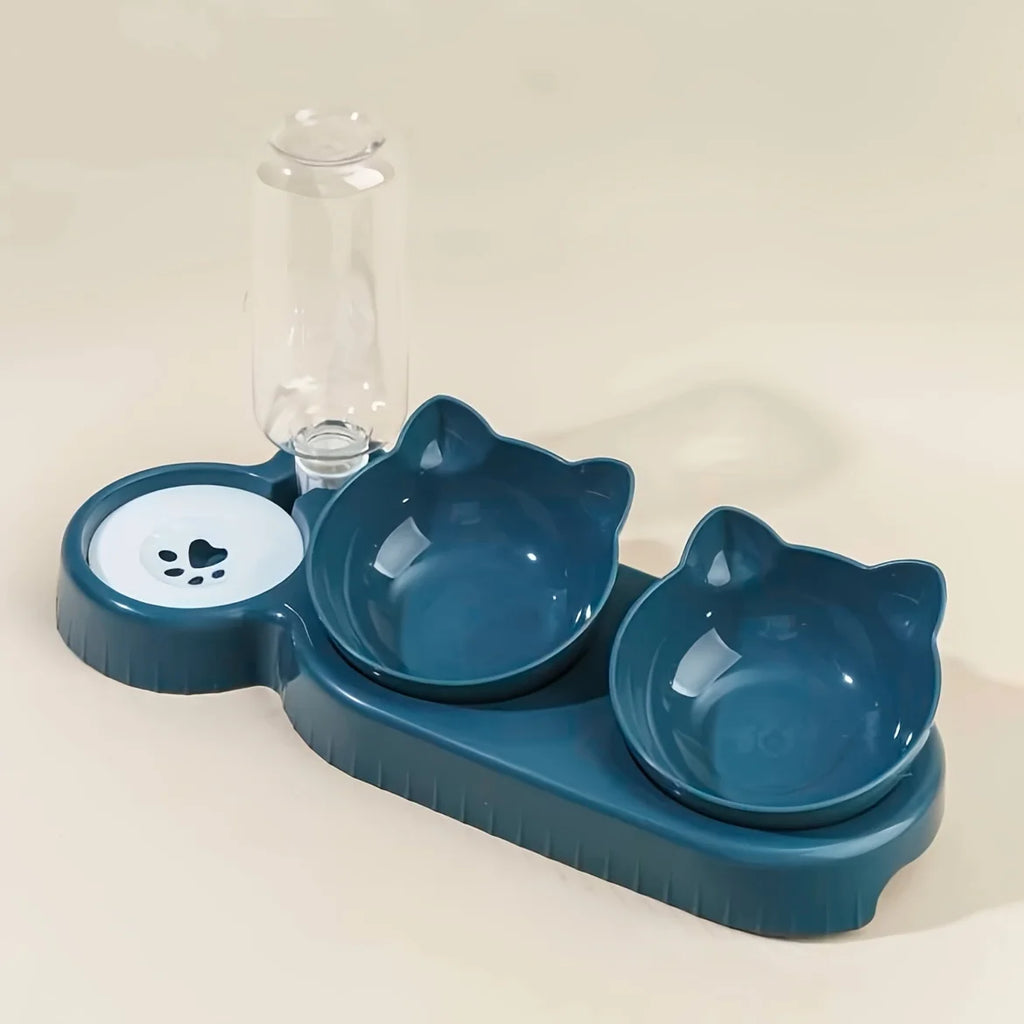 3-in-1 Tilted Cat Bowl Set Food & Water Bowls with Gravity Feeder
