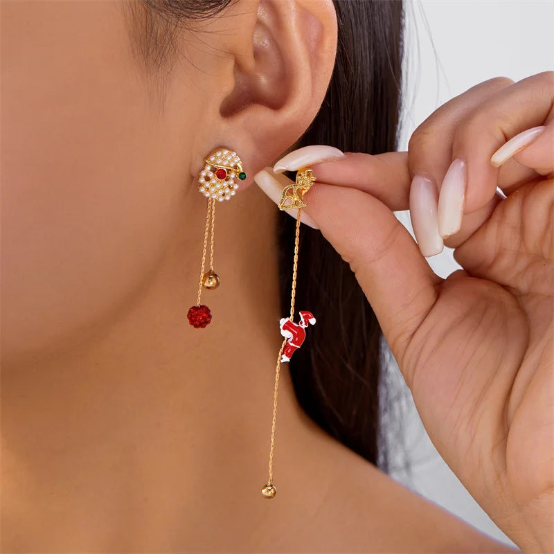 Moving Santa Tassel Dangle Earrings Asymmetric Christmas Design.