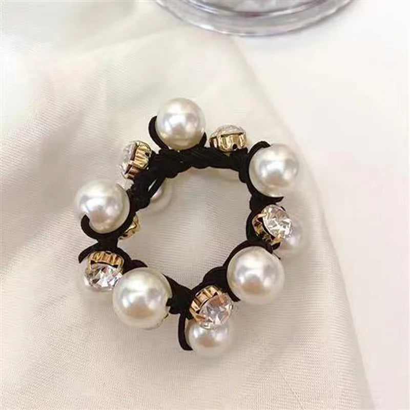 3PCS Pearl & Rhinestone Scrunchies Retro Hair Ties for Women.