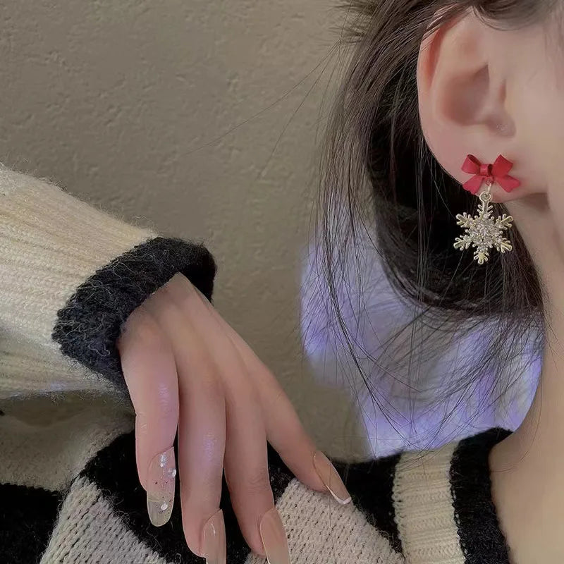 Red Bow Knot Snowflake Xmas Earrings for Women