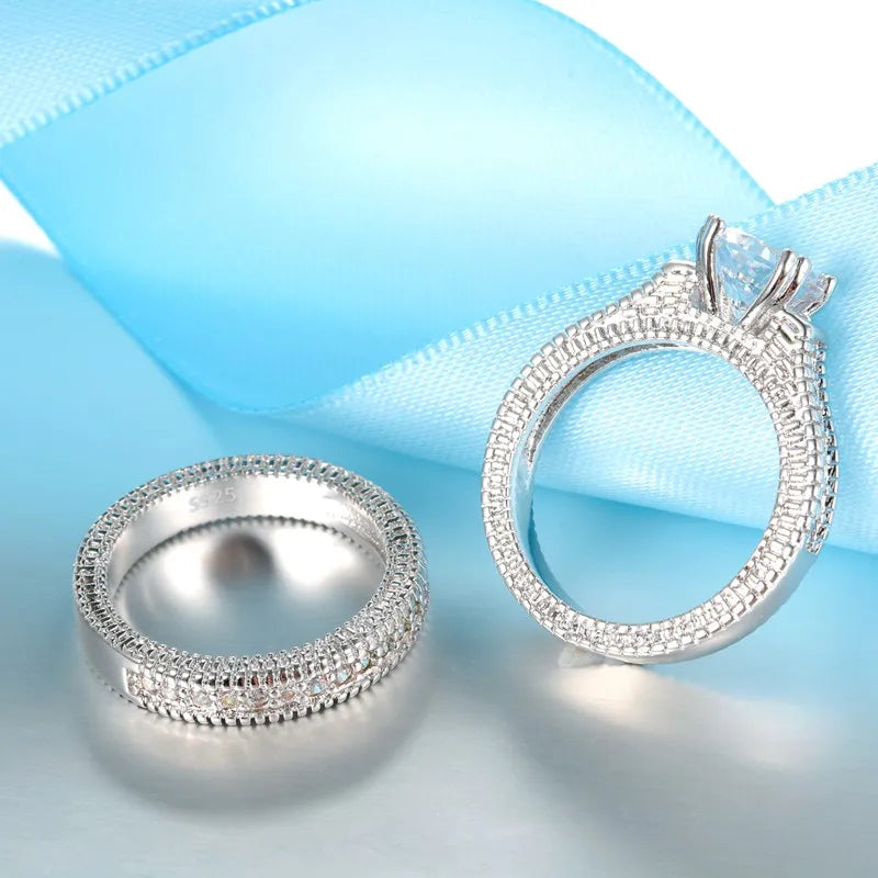 Elegant Wedding Engagement Couple Rings Set 925 Sterling Silver