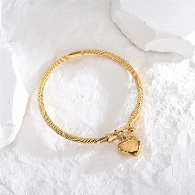 18K Gold Stainless Steel Heart Bangle Unisex Design.