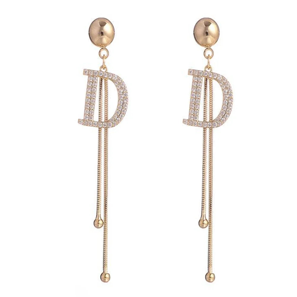 Elegant Gold Tassel Earrings with Crystal Letter D