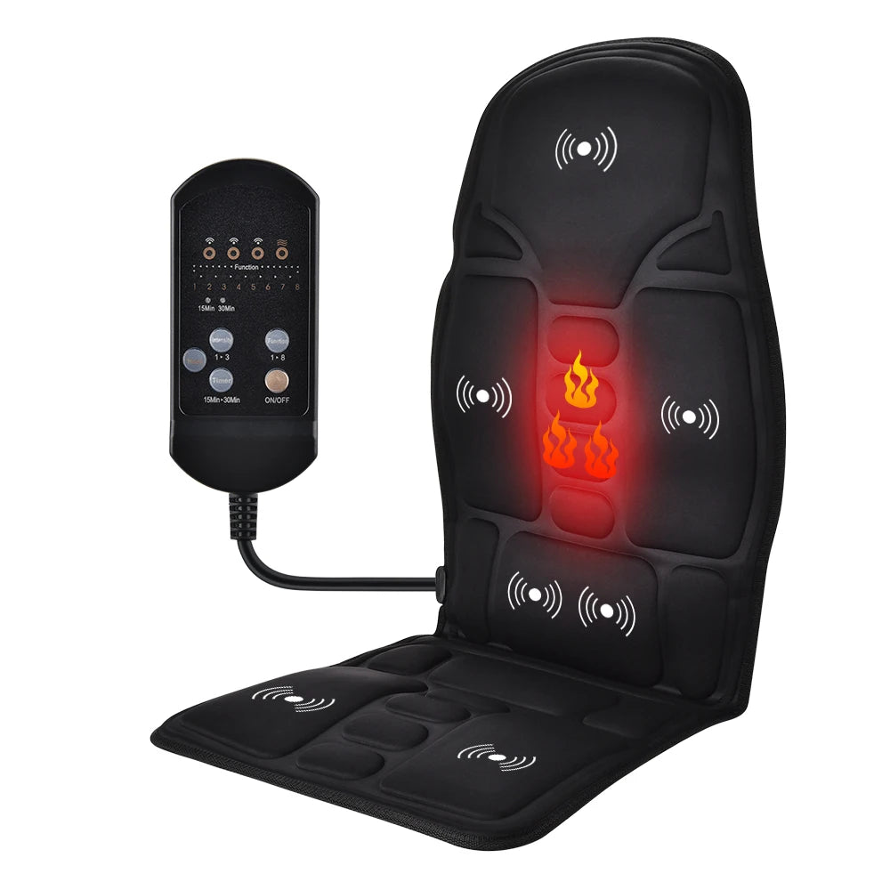 Portable vibration massage cushion for back and neck relaxation. Ideal for home, office, or car
