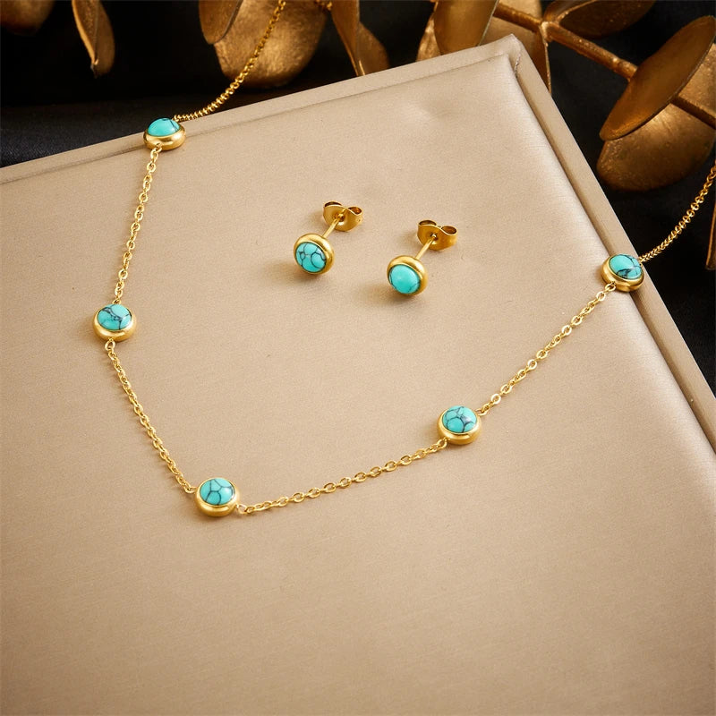 DIEYURO 316L stainless steel jewelry set with round turquoise. Elegant, non-fading, and timeless.