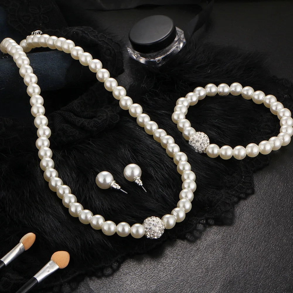 3PCS Pearl Fireball Set Silver Necklace, Bracelet & Studs.