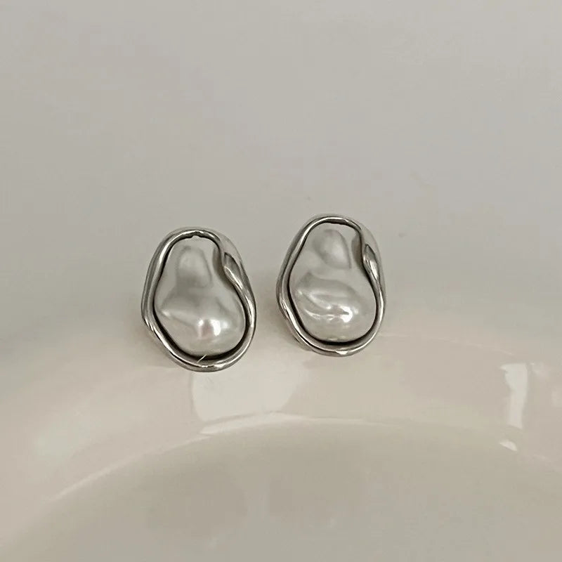 Irregular Baroque Pearl Stud Earrings Vintage Gold Edged Design.