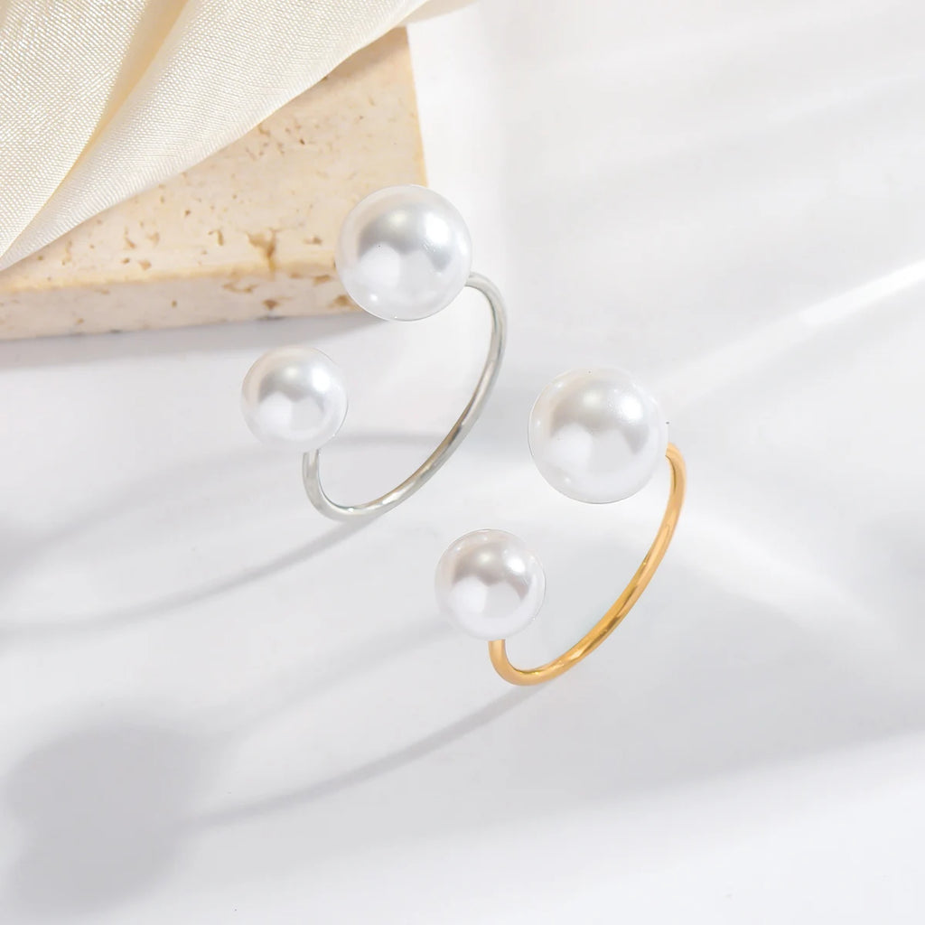 Elegant Double Faux Pearl Adjustable Ring.