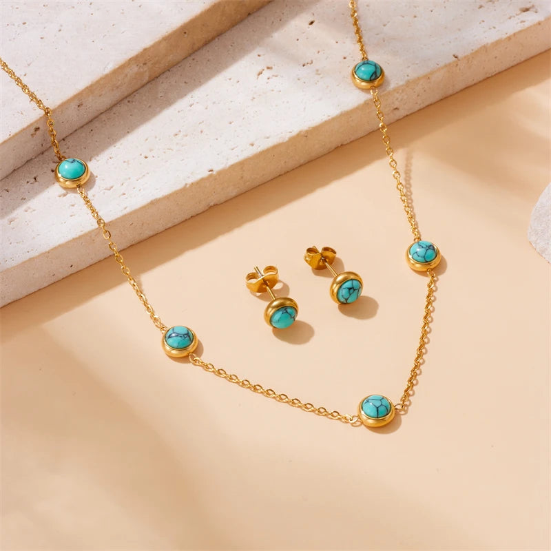 DIEYURO 316L stainless steel jewelry set with round turquoise. Elegant, non-fading, and timeless.