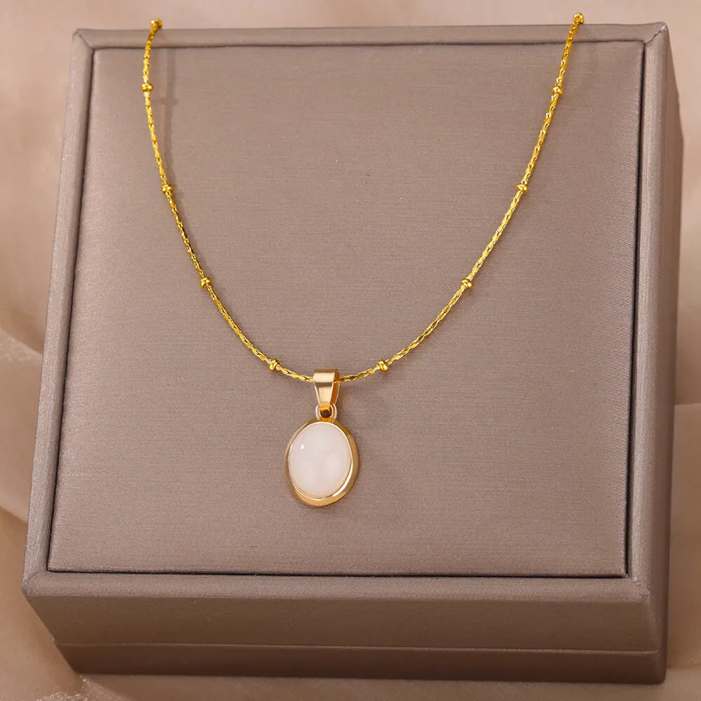 Opal Oval Necklace for Women Gold-Tone Stainless Steel.