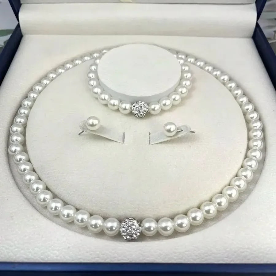 3PCS Pearl Fireball Set Silver Necklace, Bracelet & Studs.