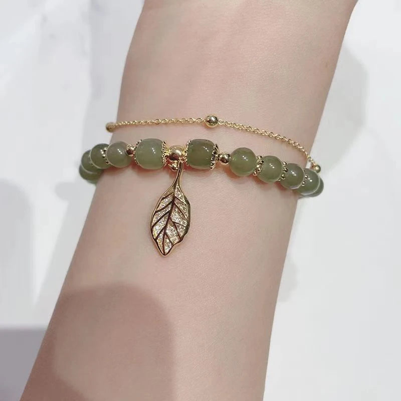 Jade & Gold Double-Chain Bracelet  Elegant Gift for Girls.
