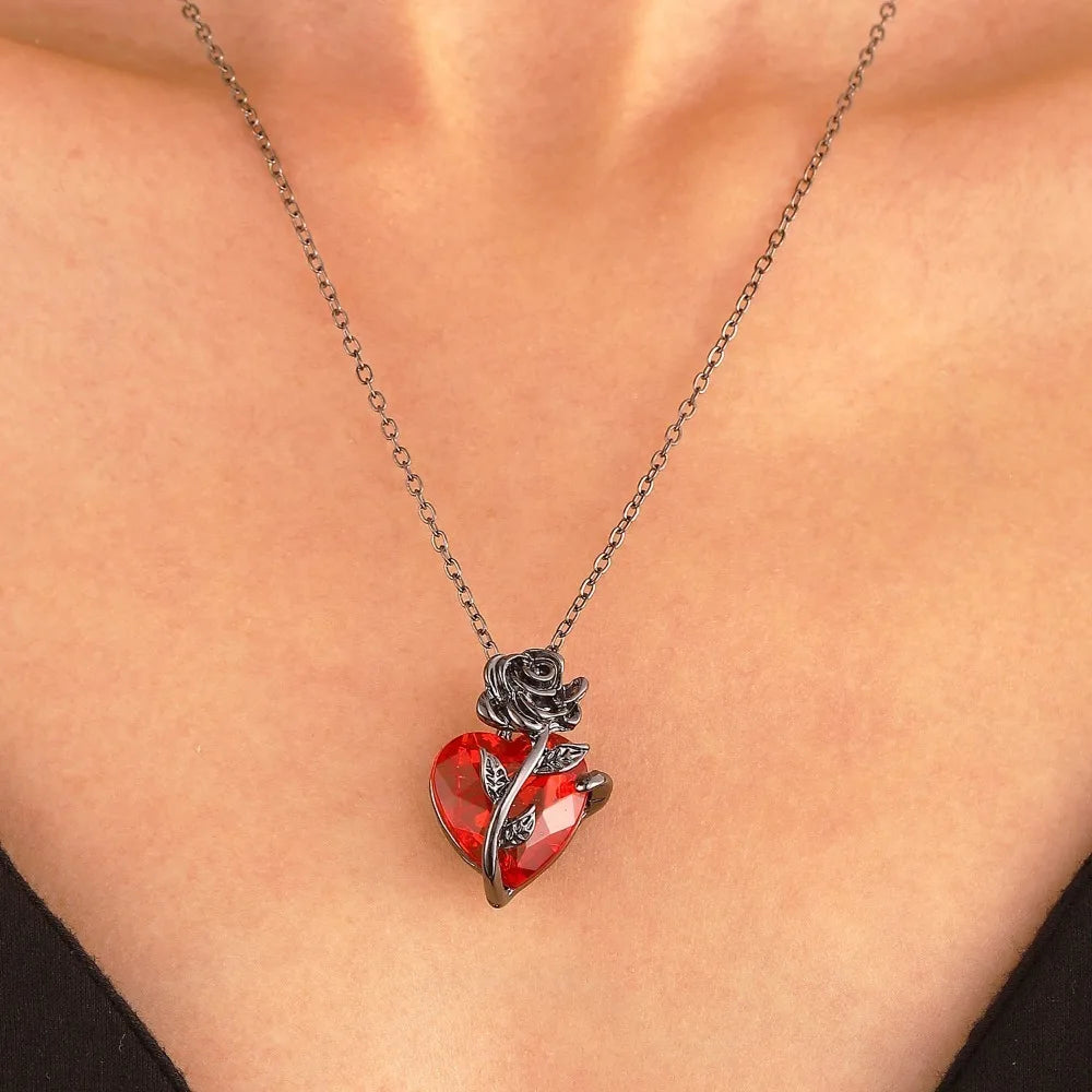 Gothic Red Heart Necklace Women’s Y2K Silver Pendant.