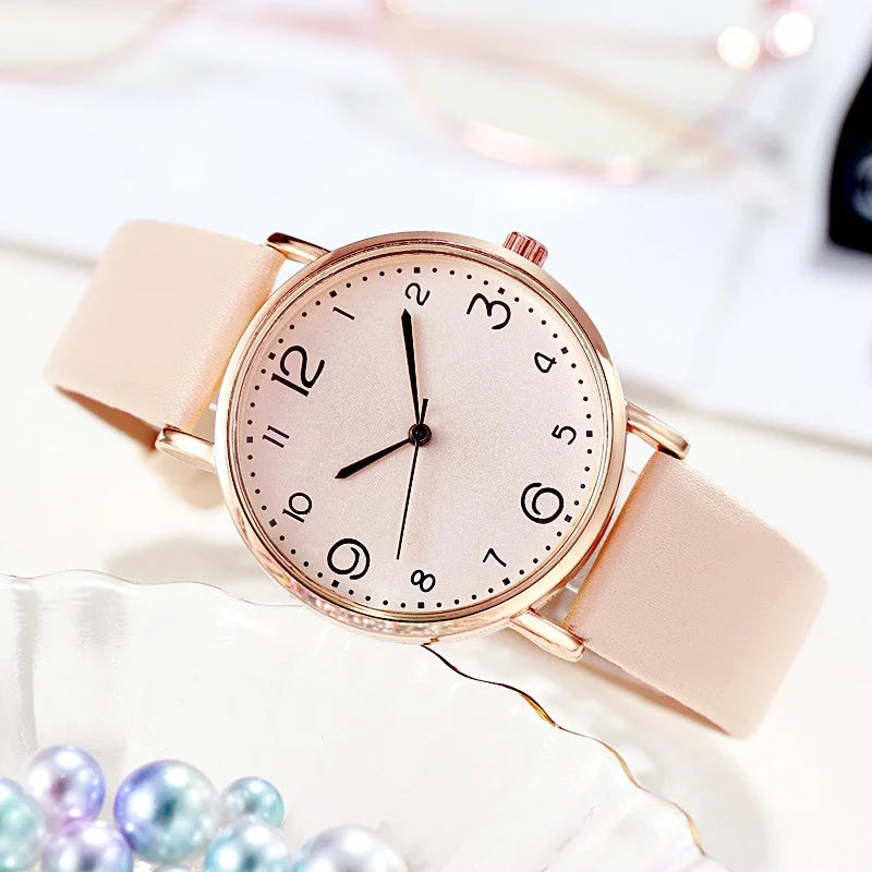 Women’s casual quartz watch with Arabic numbers and leather strap