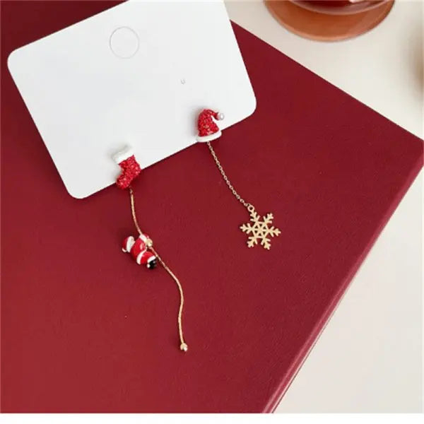 Moving Santa Tassel Dangle Earrings Asymmetric Christmas Design.