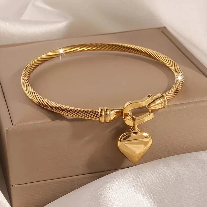 18K Gold Stainless Steel Heart Bangle Unisex Design.