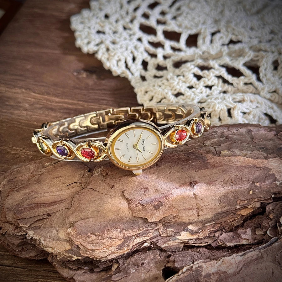 Retro round rainbow quartz watch for women. French-inspired luxury style