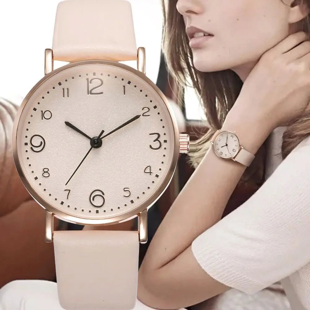Women’s casual quartz watch with Arabic numbers and leather strap