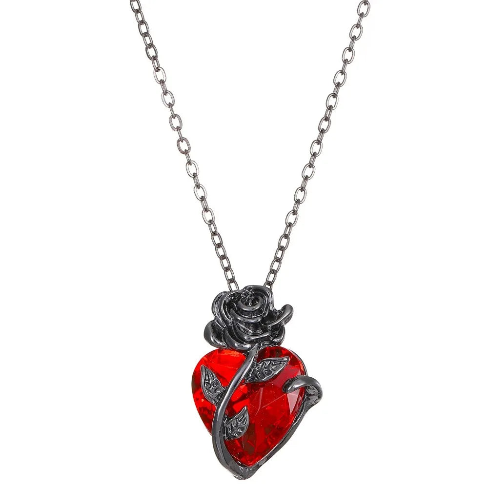 Gothic Red Heart Necklace Women’s Y2K Silver Pendant.