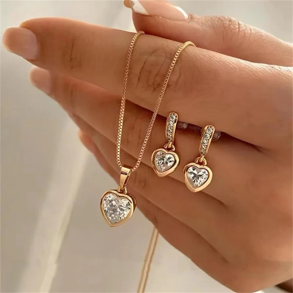3PCS Heart Pendant Set  Rhinestone Jewelry for Women.