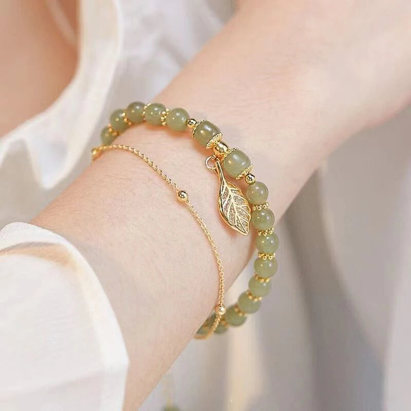 Jade & Gold Double-Chain Bracelet  Elegant Gift for Girls.
