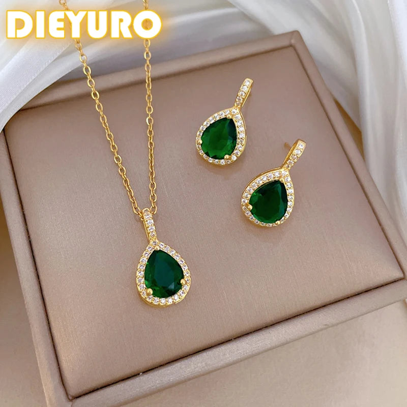 DIEYURO 316L stainless steel jewelry set with green water-drop zircon. Trendy and elegant