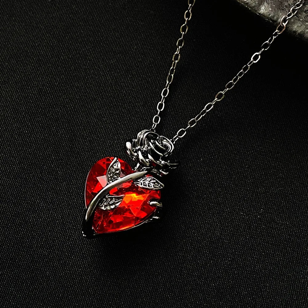 Gothic Red Heart Necklace Women’s Y2K Silver Pendant.