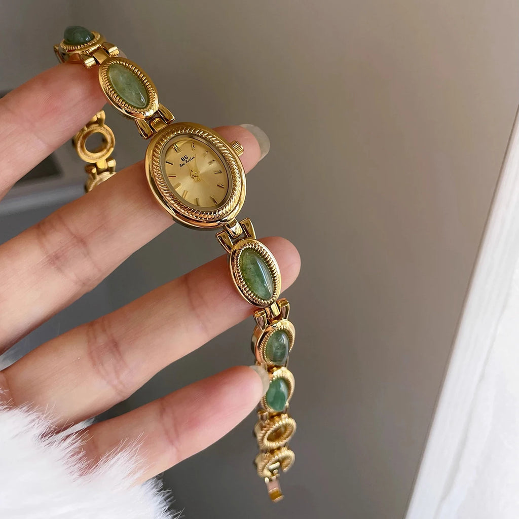Luxury women’s jade green quartz bracelet watch. Elegant and refined