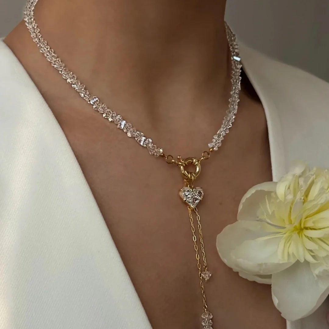 Vintage Black Geometric Heart Pendant Necklace with Crystal Chain.